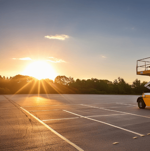 Sunrise over empty parking lot with a scissor lift partially peeking from the right side